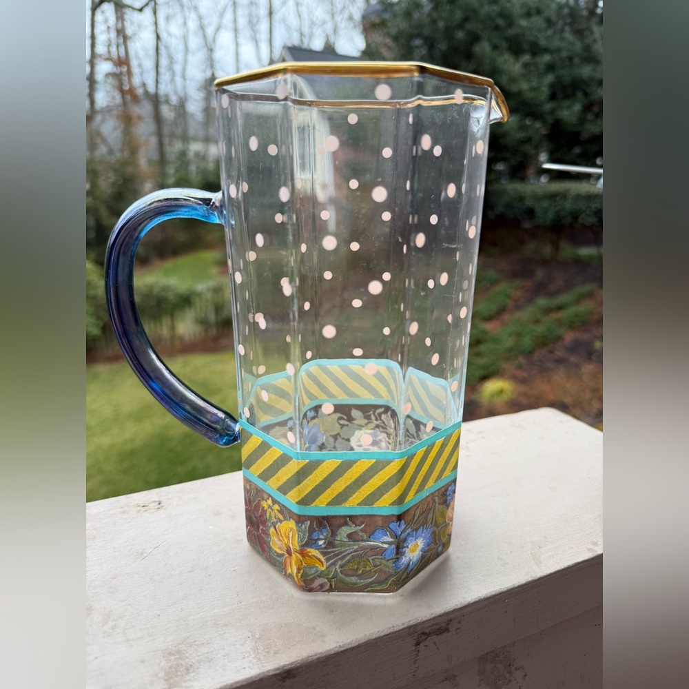 Mackenzie Childs Garland Pink Polka Circus Pattern Glass Pitcher 8 inches